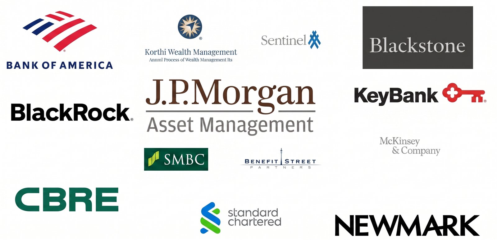 Logos of companies where BRES alumni work, including Bank of America, Blackstone, BlackRock, J.P. Morgan Asset Management, CBRE, KeyBank, McKinsey & Company, and more